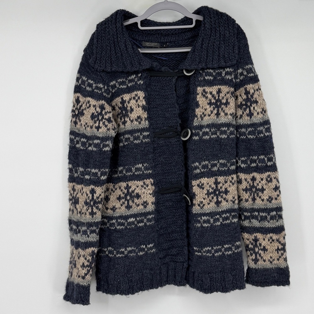 Giogio Italy Womens Large Navy Blue Fair Isle Alpaca Wool Blend Toggle Cardigan